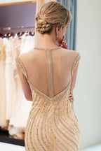 Glamorous Cap Sleeves Mermaid Golden Beading Evening Gown by misshow.com