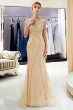 Glamorous Cap Sleeves Mermaid Golden Beading Evening Gown by misshow.com