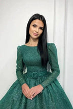 Glamorous Dark Green A-line Sequined Ankle Length Prom Dress with Long Sleeves by misshow.com