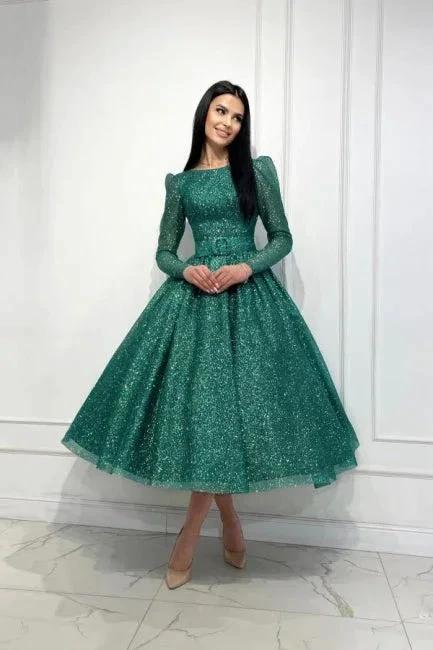 Glamorous Dark Green A-line Sequined Ankle Length Prom Dress with Long Sleeves by misshow.com
