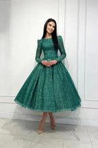 Glamorous Dark Green A-line Sequined Ankle Length Prom Dress with Long Sleeves by misshow.com