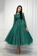Glamorous Dark Green A-line Sequined Ankle Length Prom Dress with Long Sleeves by misshow.com