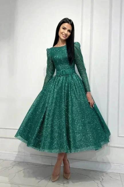 Glamorous Dark Green A-line Sequined Ankle Length Prom Dress with Long Sleeves by misshow.com