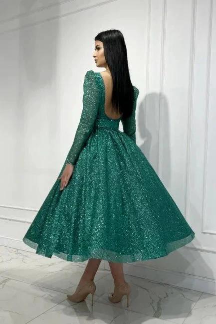 Glamorous Dark Green A-line Sequined Ankle Length Prom Dress with Long Sleeves by misshow.com