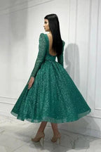 Glamorous Dark Green A-line Sequined Ankle Length Prom Dress with Long Sleeves by misshow.com