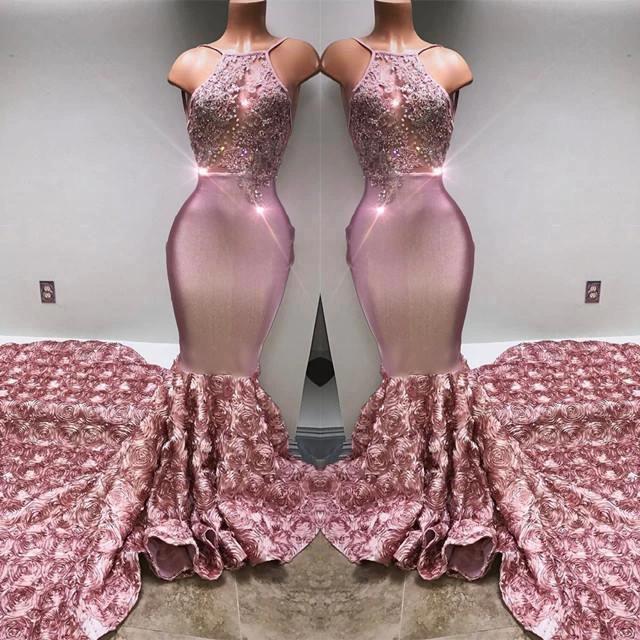 Glamorous Halter Mermaid Pink Prom Dress Lace With 3D-Floral Flowers Bottom by misshow.com