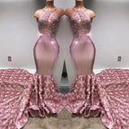 Glamorous Halter Mermaid Pink Prom Dress Lace With 3D-Floral Flowers Bottom by misshow.com