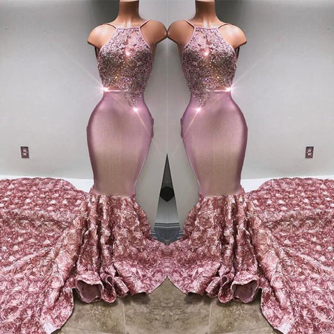 Glamorous Halter Mermaid Pink Prom Dress Lace With 3D-Floral Flowers Bottom