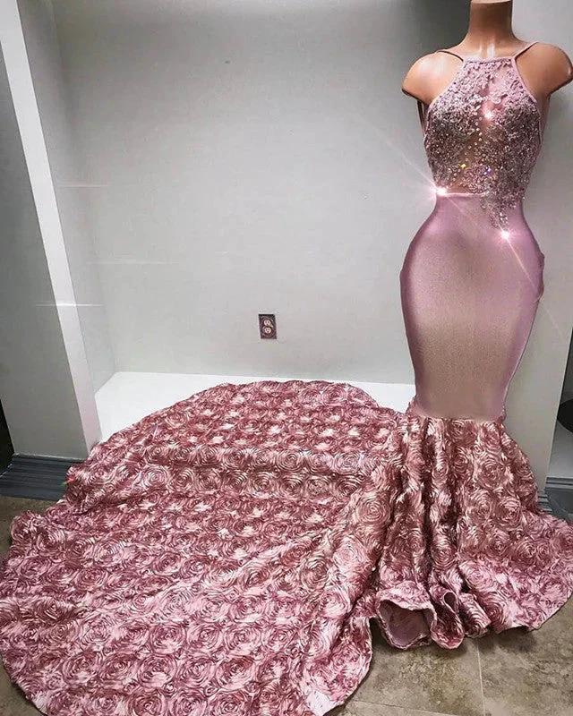 Glamorous Halter Mermaid Pink Prom Dress Lace With 3D-Floral Flowers Bottom by misshow.com