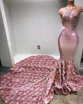 Glamorous Halter Mermaid Pink Prom Dress Lace With 3D-Floral Flowers Bottom by misshow.com