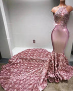 Glamorous Halter Mermaid Pink Prom Dress Lace With 3D-Floral Flowers Bottom by misshow.com