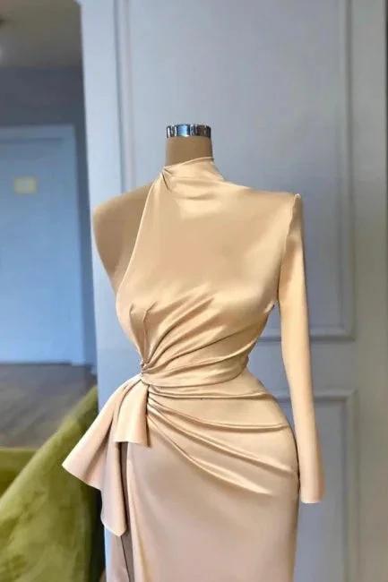 Glamorous high neck long sleeves column satin Evening dresses split front by misshow.com