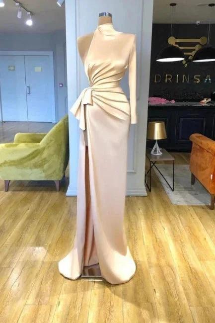 Glamorous high neck long sleeves column satin Evening dresses split front by misshow.com