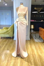 Glamorous high neck long sleeves column satin Evening dresses split front by misshow.com