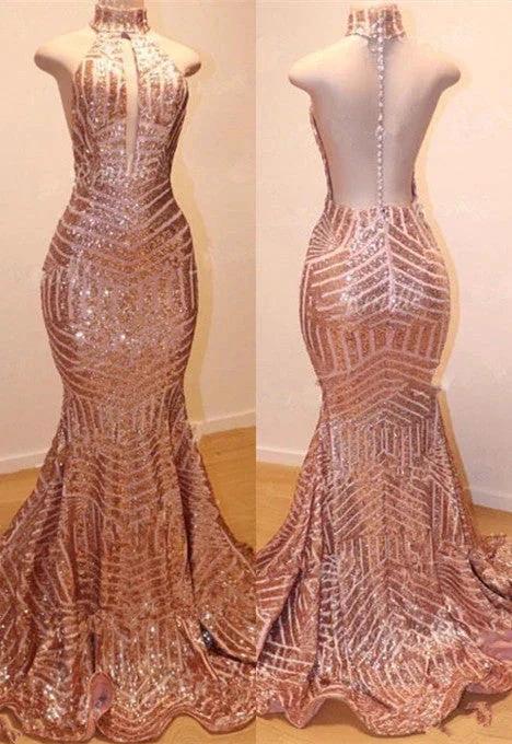 Glamorous High-Neck Sleeveless Sequins Mermaid Long Sequins Evening Gowns by misshow.com