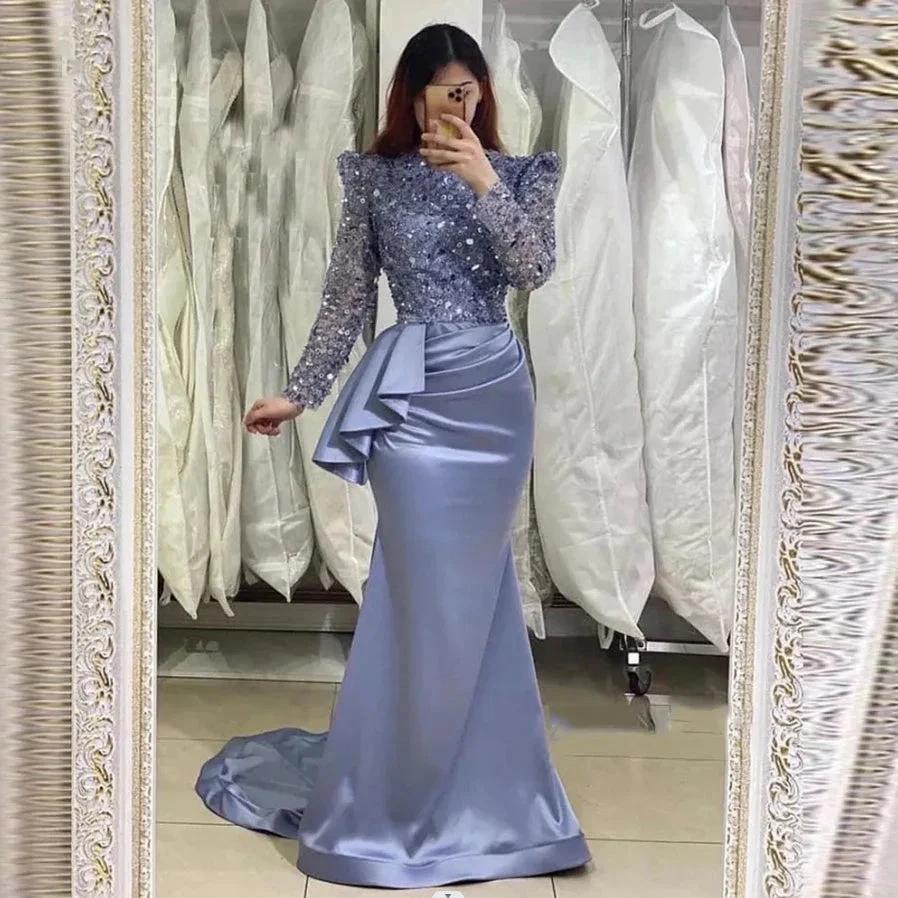 Glamorous Lavender Long Mermaid High Neck Beading Prom Dress With Long Sleeves by misshow.com
