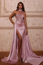 Glamorous Long A-line High Neck One Shoulder Lace Prom Dress With Slit by misshow.com