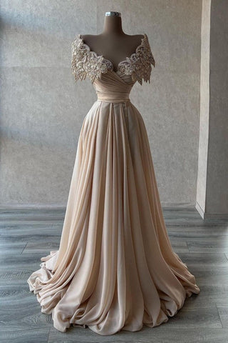 Glamoroso vestido de fiesta largo de gasa con corte en A y hombros descubiertos