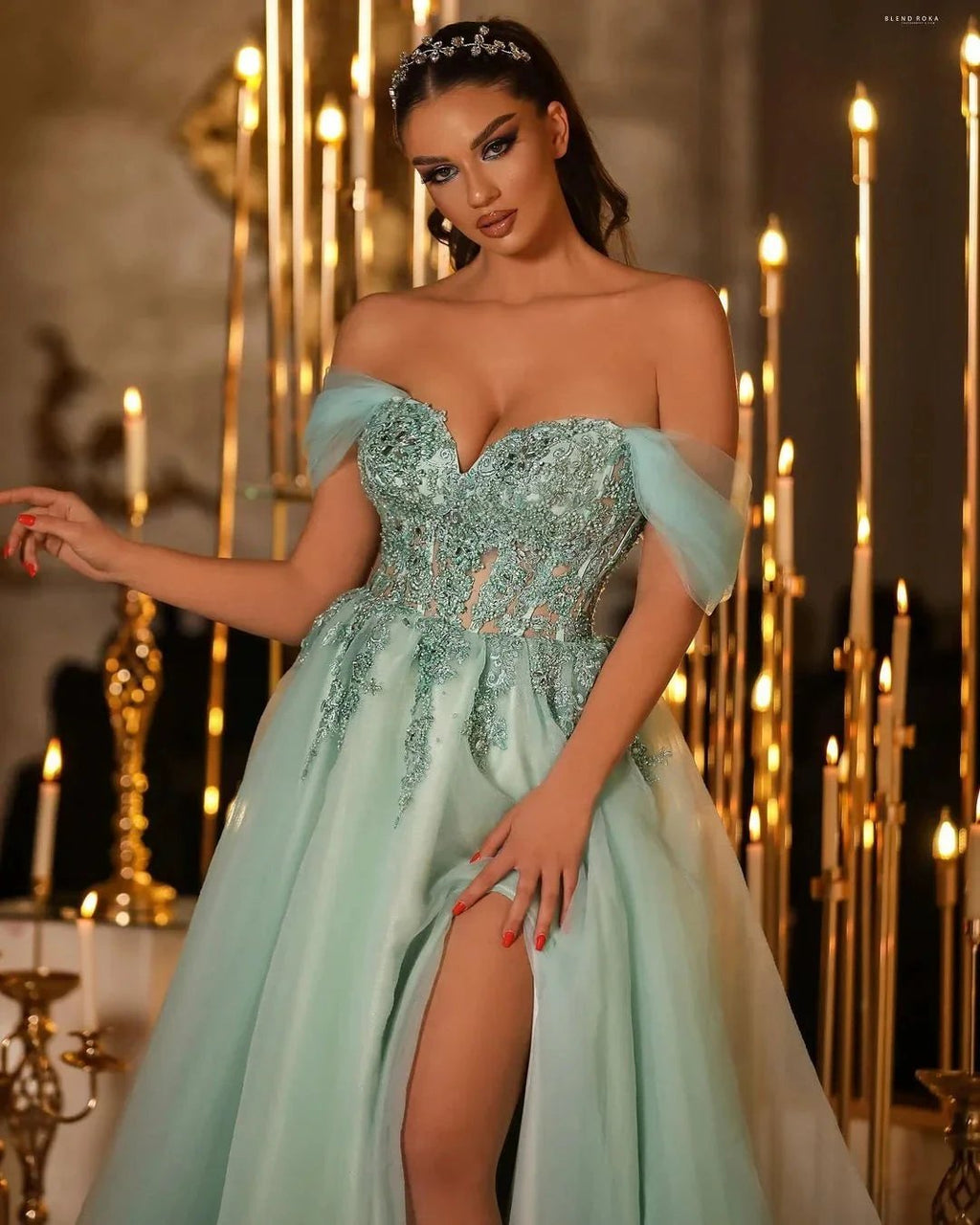 Glamorous Long A-line Off-the-shoulder Lace Beading Prom Dress With Slit by misshow.com