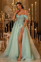 Glamorous Long A-line Off-the-shoulder Lace Beading Prom Dress With Slit by misshow.com