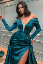 Glamorous Long A-line Off-the-shoulder V-neck Satin Prom Dress With Long Sleeves by misshow.com