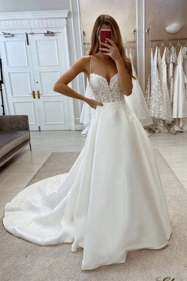 Glamorous Long A-line Sleeveless V-neck Satin Wedding Dress With Lace Hover Image