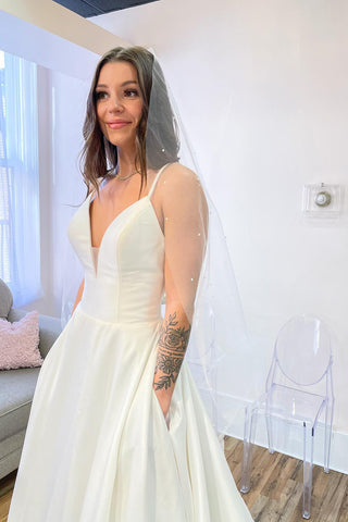 Glamorous Long A-Line Sweetheart Satin Backless Wedding Dress With Pockets