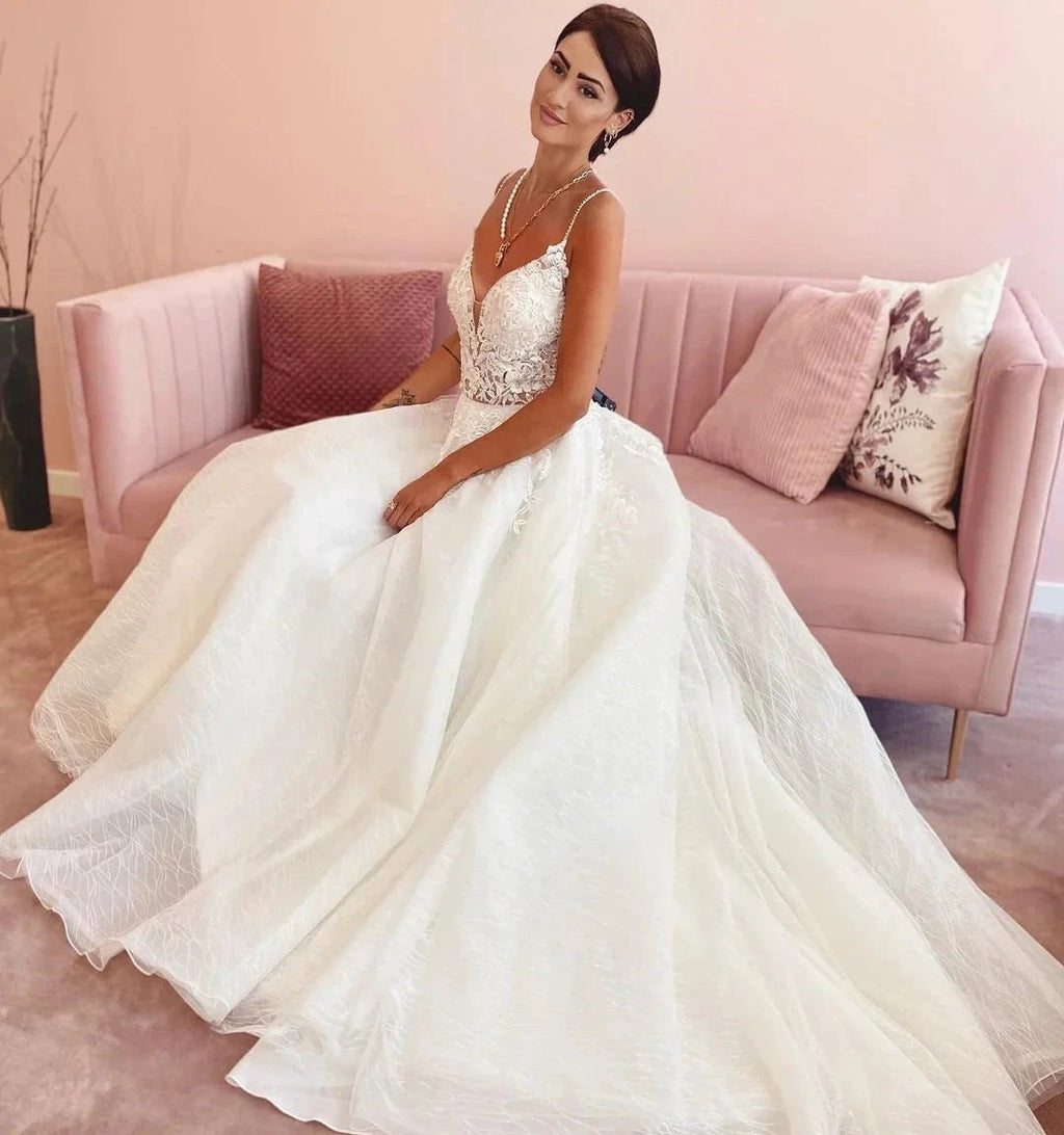 Glamorous Long A-Line V-neck Appliques Lace Tulle Wedding Dress by BIZTUNNEL