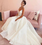 Glamorous Long A-Line V-neck Appliques Lace Tulle Wedding Dress by BIZTUNNEL