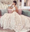 Glamorous Long A-Line V-neck Appliques Lace Tulle Wedding Dress by BIZTUNNEL
