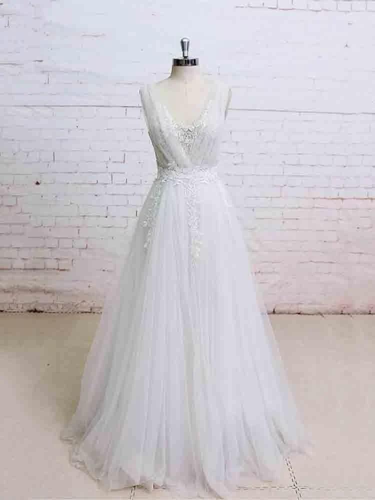 Glamorous Long A-line V-Neck Backless Tulle Wedding Dresses by BIZTUNNEL