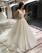 Glamorous Long A-line V-neck Sleeveless Lace Wedding Dress by BIZTUNNEL