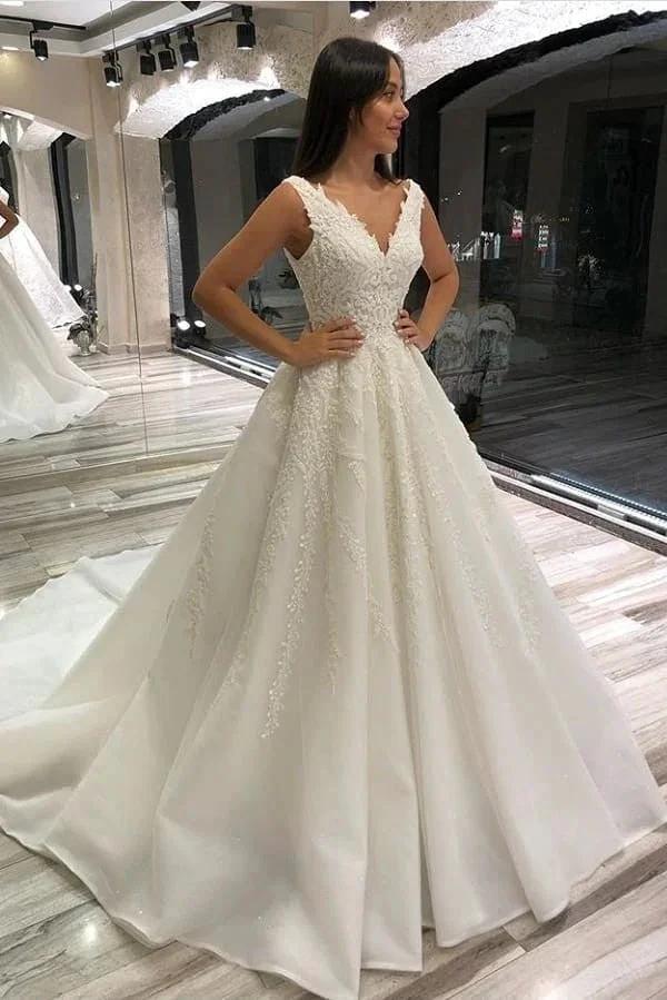 Glamorous Long A-line V-neck Sleeveless Lace Wedding Dress by BIZTUNNEL