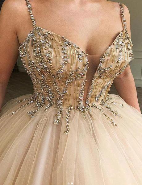 Glamorous Long Ball Gown Spaghetti Straps Beaded Tulle Prom Dresses by BIZTUNNEL