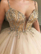 Glamorous Long Ball Gown Spaghetti Straps Beaded Tulle Prom Dresses by BIZTUNNEL
