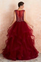 Glamorous Long Ball Gown V-neck Tulle Burgundy Prom Dress by BIZTUNNEL
