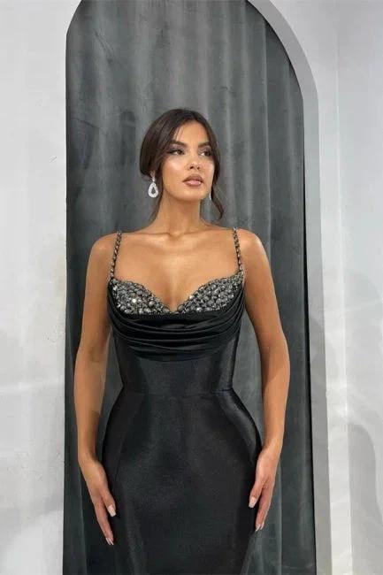Glamorous Long Black Spaghetti Straps Mermaid Evening Dress With Glitter by misshow.com