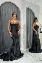 Glamorous Long Black Spaghetti Straps Mermaid Evening Dress With Glitter by misshow.com