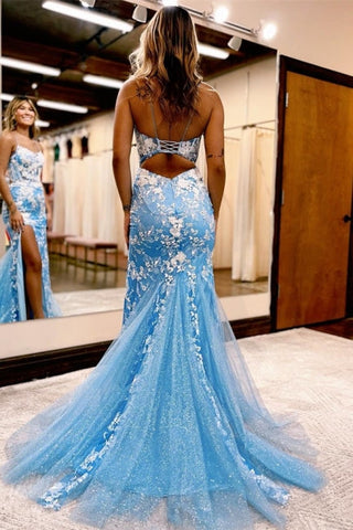 Glamorous Long Blue Glitter Lace Mermaid Sleeveless Prom Dresses With Slit