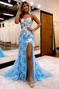 Glamorous Long Blue Glitter Lace Mermaid Sleeveless Prom Dresses With Slit by misshow.com