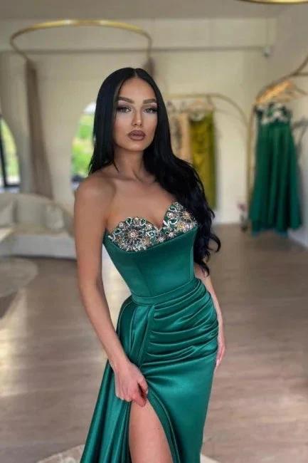 Glamorous Long Dark Green Mermaid Strapless Satin Beading Prom Dress with Slit by misshow.com