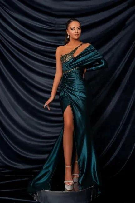 Glamorous Long Dark Green One Shoulder Beading Lace Long Sleeve Prom Dress with Slit by misshow.com