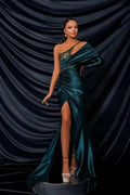 Glamorous Long Dark Green One Shoulder Beading Lace Long Sleeve Prom Dress with Slit by misshow.com