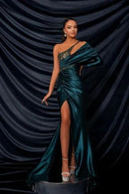 Glamorous Long Dark Green One Shoulder Beading Lace Long Sleeve Prom Dress with Slit by misshow.com