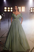 Glamorous Long Dusty Sage A-line Off-the-shoulder Beading Sequined Prom Dress by misshow.com