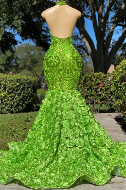 Glamorous Long Green Sequined Halter Flower Mermaid Satin Prom Dress
