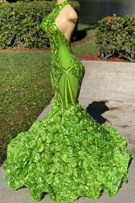 Glamorous Long Green Sequined Halter Flower Mermaid Satin Prom Dress