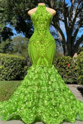Glamorous Long Green Sequined Halter Flower Mermaid Satin Prom Dress by misshow.com