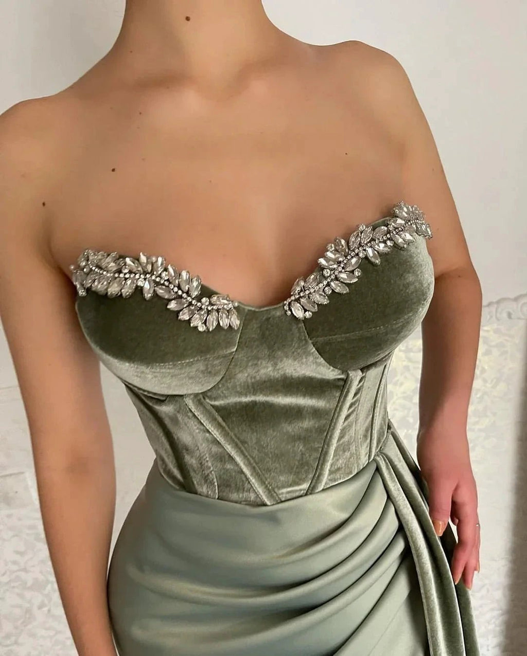Glamorous Long Green Strapless Velvet Prom Dress With Slit by misshow.com
