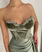 Glamorous Long Green Strapless Velvet Prom Dress With Slit by misshow.com
